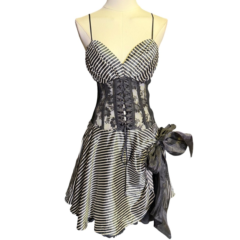 Plissé Collection Black White Striped Corset Dress Lace Gothic Whimsigoth